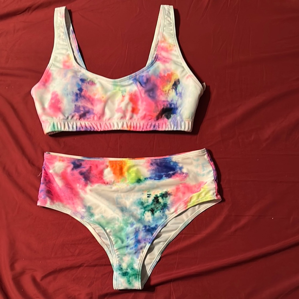 SHEIN Pink and Blue Bikini Set with Tie-Dye Design